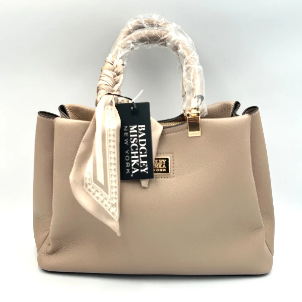 Badgley Mischka Satchel Handbag Women Medium Nude Vegan Leather Scarf Handle NEW